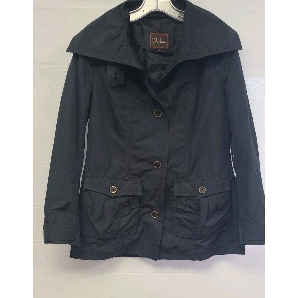 Cole Haan Womens Sz 8 Black Lightweight Rain Jacket Button Up Coat EUC